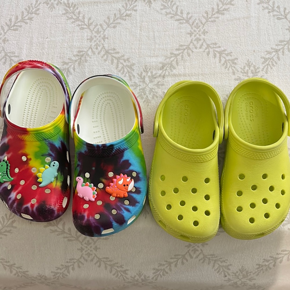 Crocs Tie-Dye and Yellow Clogs
